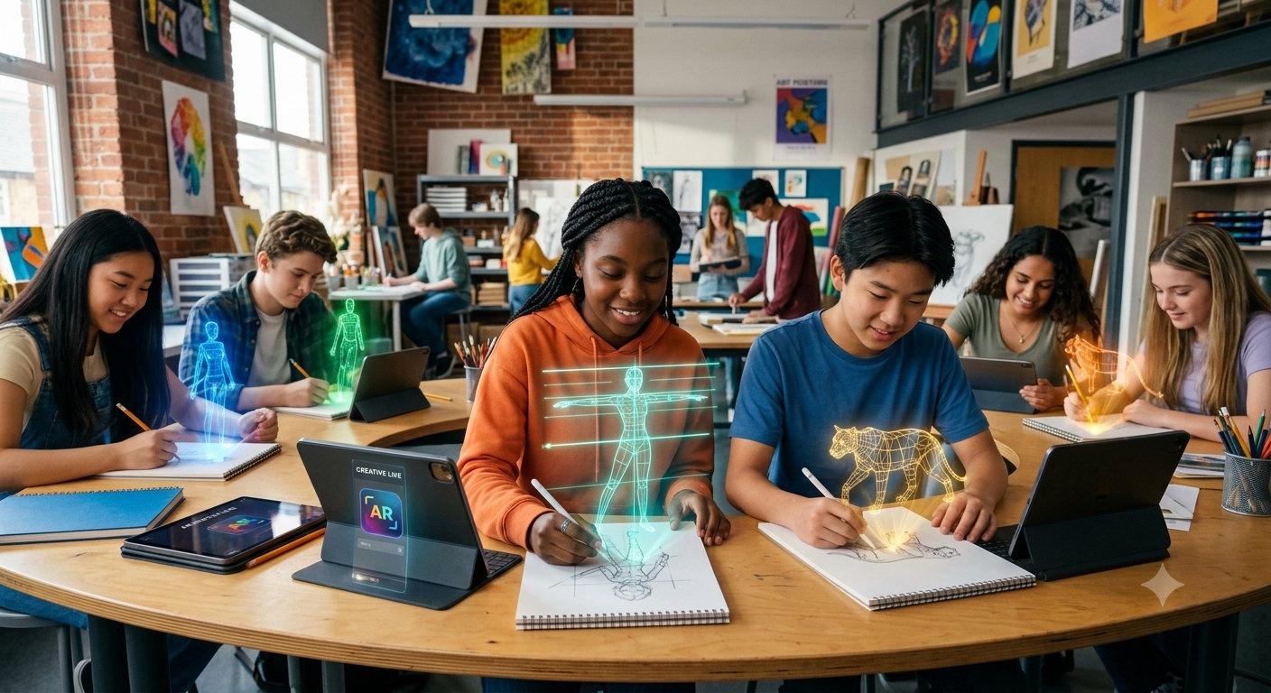 Students learning to draw using AR tracing tools and digital tablets in a modern classroom setting.