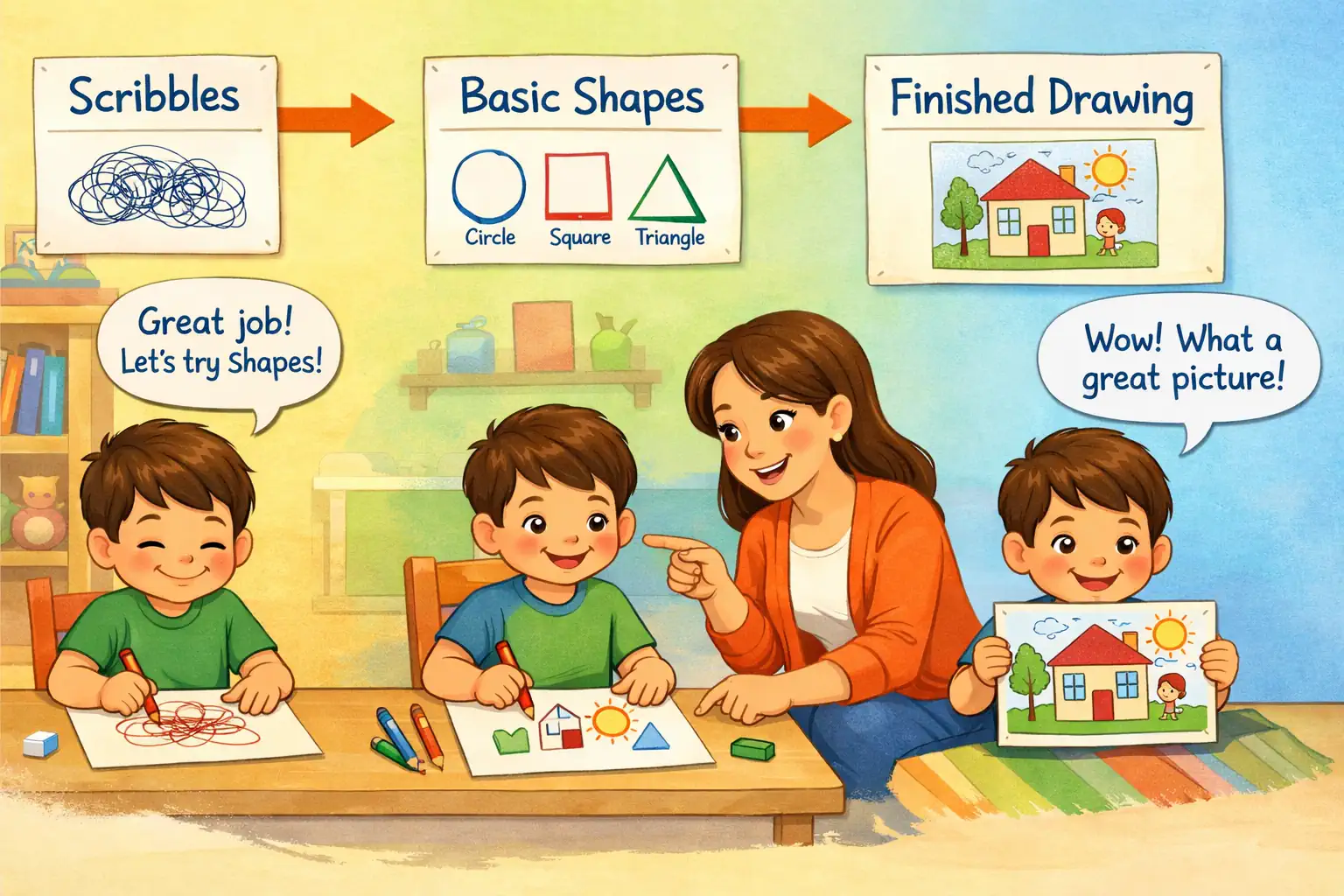 A child learning to draw through clear stages with guided support, showing progression from scribbles to detailed forms