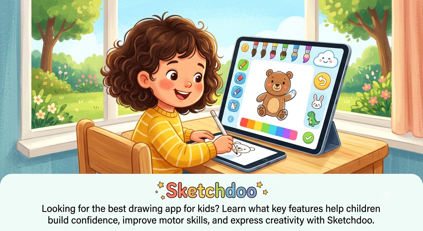 A young child happily drawing a cartoon bear on a tablet using an intuitive drawing app for kids.