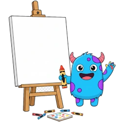 Mascot standing next to a blank canvas