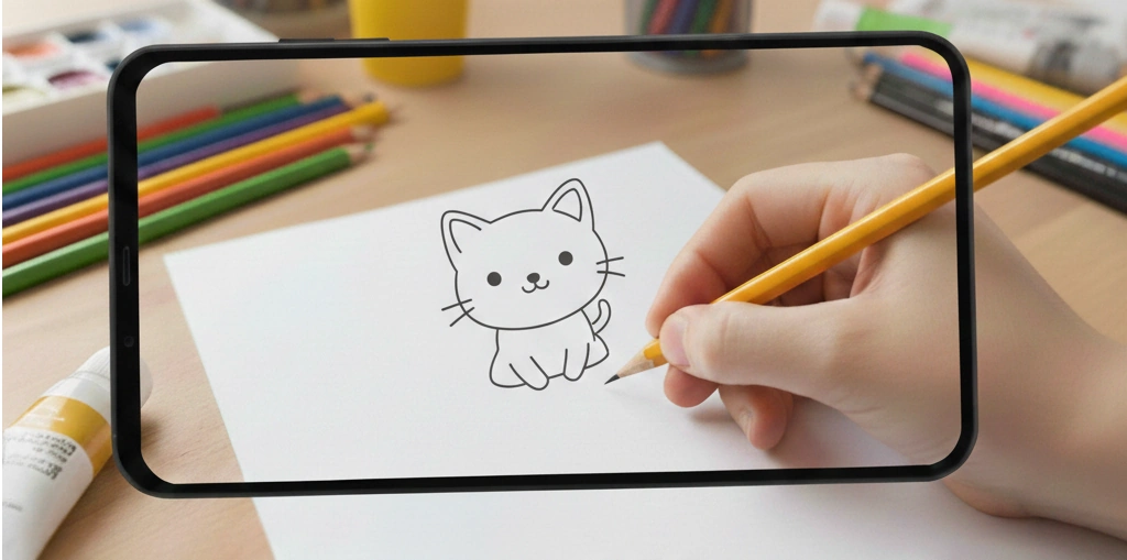 A child using Sketchdoo AR Tracing to project a drawing onto paper for tracing with a pencil
