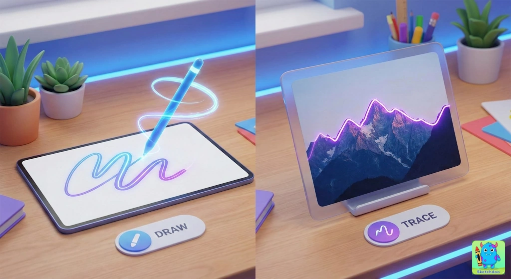 A split illustration showing a child's hand tracing a dragon and freehand drawing a sun on a digital canvas.