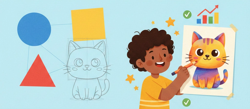 Visual progression showing how basic shapes transform into a finished drawing, illustrating the step-by-step learning process