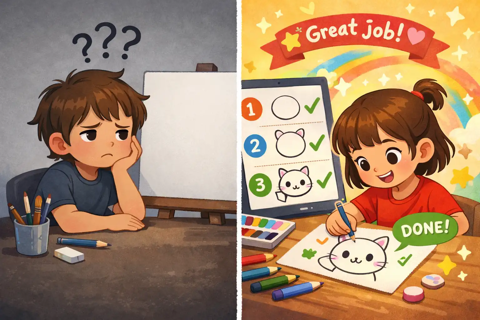 Comparison showing a frustrated artist with a blank page versus a confident artist following step-by-step drawing guidance